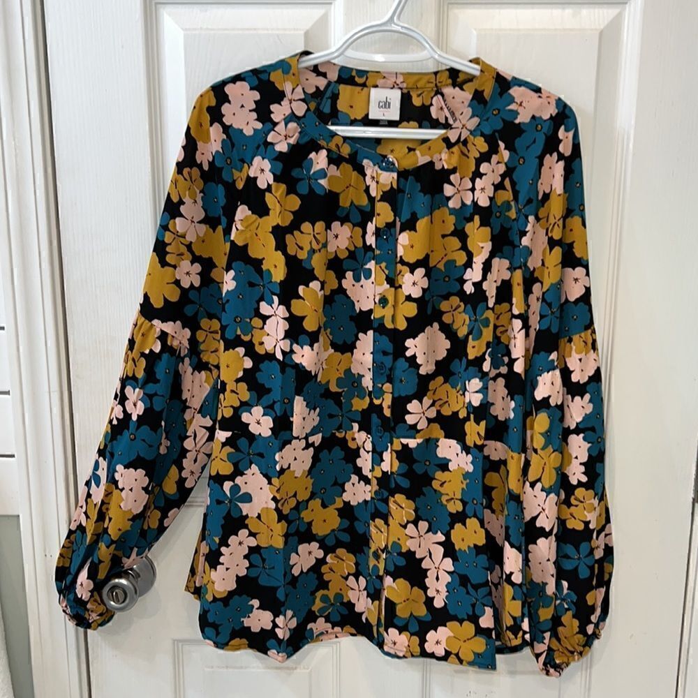 CAbi Teal and Mustard Flower Drop Favorite Bishop Sleeve Blouse NWOT sz Large - Picture 6 of 10